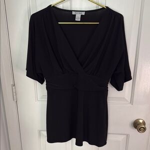 White House Black Market V Neck Stretch Top with Banded Waist , Flowy Sleeves